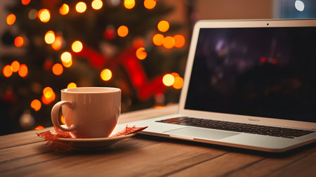 Christmas Laptop and Coffee on Wooden Tableの素材