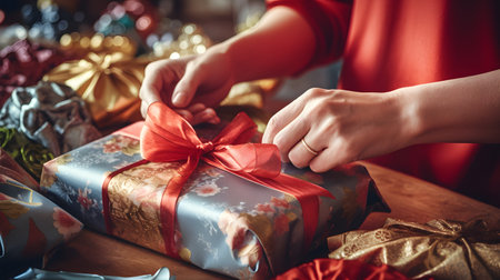 Christmas Gift Wrapping with Red Ribbon and Gold Paperの素材