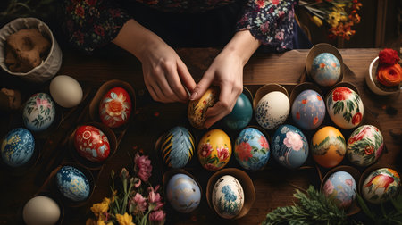 Floral Easter Egg Decorating with Colorful Eggs and Flowersの素材