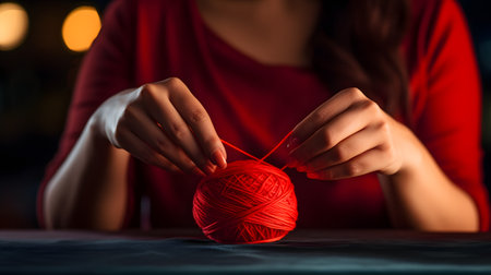 Woman Winding Bright Red Yarn into a Ball on Dark Tableの素材