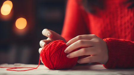 Hands Holding Red Yarn Ball in Cozy Setting with Warm Lightingの素材