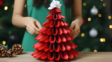 Red Paper Christmas Tree with White Flower and Pine Cones on Wooden Tableの素材