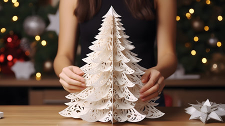 Intricately Cut 3D White Paper Christmas Tree Held by Woman Handsの素材