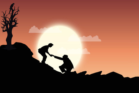 Silhouette of Two People Helping Each Other Climb a Rocky Mountain Against a Beautiful Sunsetのイラスト素材