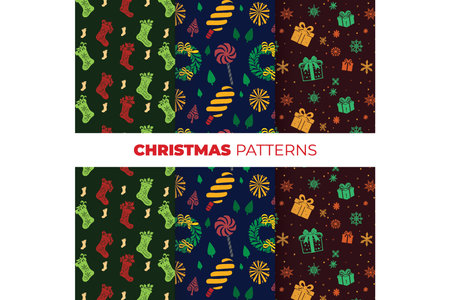 Festive Christmas Patterns, Hand-Drawn Socks, Gifts, and Candy Canesのイラスト素材