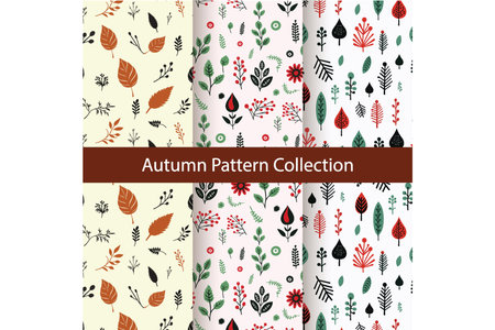 Autumn Pattern Collection, Leaves, Berries, and Pineconesのイラスト素材