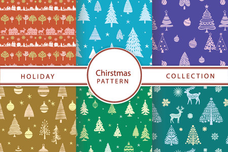 Christmas Pattern Collection, Holiday Trees, Reindeer, and Snowflakesのイラスト素材