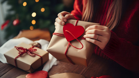 Wrapping Gifts with a Red Heart Tag Under the Glow of Tree Lightの素材