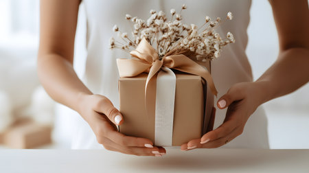 Woman Holding Gift Box with Dried Flowers and Ribbonの素材