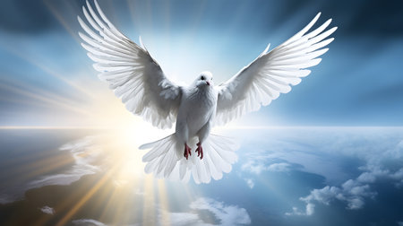 White Dove Spreading Wings Towards Sunlit Skyの素材