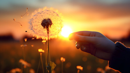 A Hand Reaches for a Dandelion at Sunsetの素材