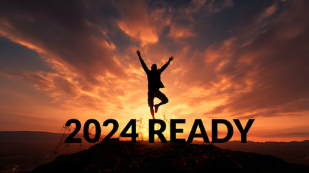 Triumphant Silhouette on Mountain Top with 2024 Readyの素材