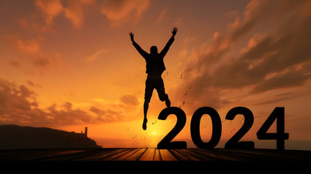 Silhouette of Man Mid-Jump Over 2024 on Wooden Deckの素材