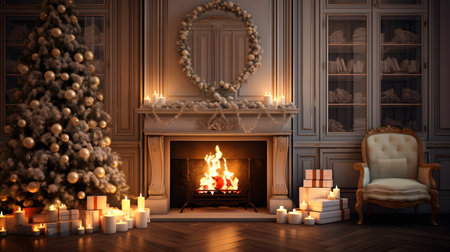 Elegant Christmas Living Room with Fireplace and Treeの素材