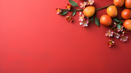 Orange Blossoms and Fruit Against a Bold Red Backgroundの素材