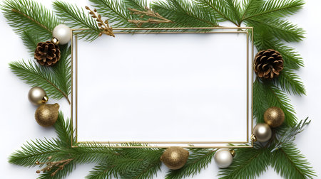 Golden Frame Adorned with Pine Branches and Ornamentsの素材