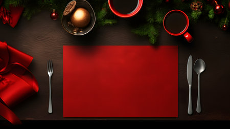A Red Placemat and Festive Decorations on a Black Tableclothの素材