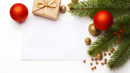 Red and Gold Christmas Ornaments with Pine Branches on a White Backgroundの素材