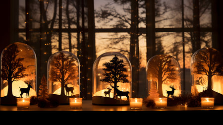 Winter Wonderland with Deer, Trees, and Candles in Glass Domesの素材