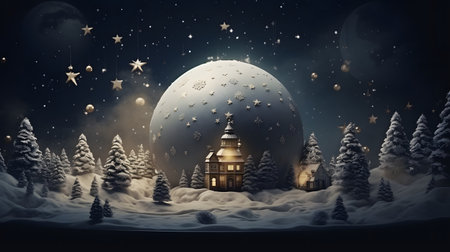 Snowy Night with a Full Moon and a Cozy Houseの素材