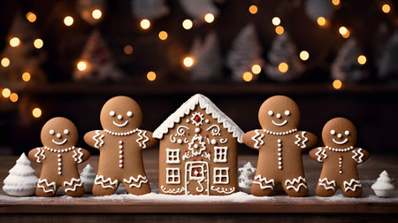 Gingerbread House and Family with Christmas Trees and Lightsの素材