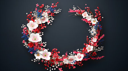 Floral Wreath with Pink and Red Flowers on a Dark Backgroundの素材