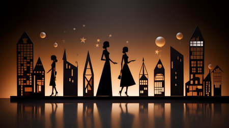 A Silhouette Cityscape with Women and Balloonsの素材