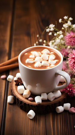 Cozy Cup of Hot Chocolate with Marshmallows and Cinnamon on Wooden Tableの素材