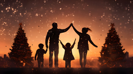 A Family Holding Hands in a Snowy Sunset with Christmas Treesの素材