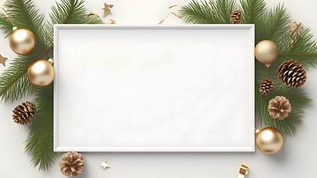White Christmas Frame with Pine Branches and Golden Ornamentsの素材