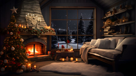 Cozy Christmas Cabin with Fireplace and Treeの素材