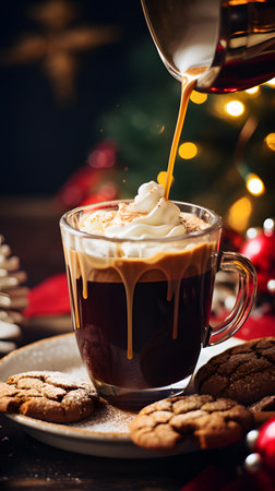 Christmas Tree and Cookies with Caramel Coffee on Red Tableclothの素材