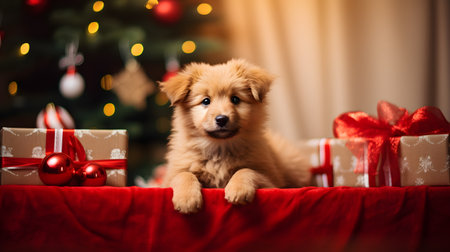 Cute Light Brown Puppy on Red Blanket with Christmas Presents and Tree in Backgroundの素材