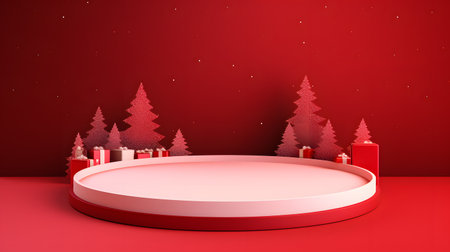 Red Christmas Scene with Trees and Candles on a Pedestalの素材