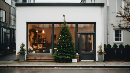 Christmas Tree with White Lights in Front of a Decorated White Storefront on a Cloudy Dayの素材