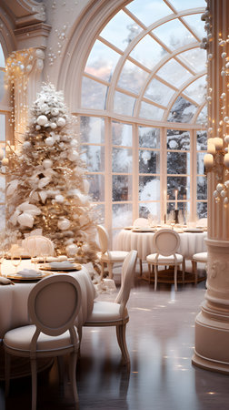 Elegant Christmas Dining Room with Snowy Window Viewの素材