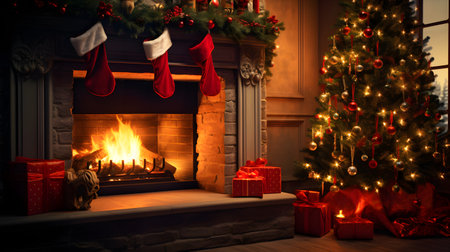 Christmas Fireplace with Roaring Fire, Red Stockingsの素材