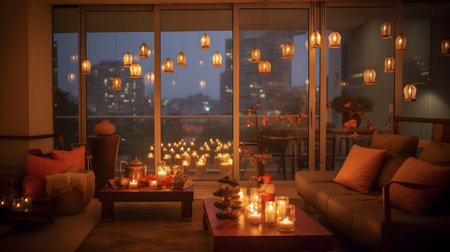 Cozy Balcony with Hanging Lanterns and Candles at Nightの素材