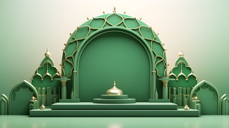 Green Islamic Arch with Golden Accents and Dome on Stairの素材