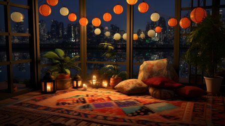 Nighttime Balcony with Lanterns and City Skylineの素材