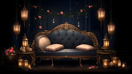 Romantic Nighttime Garden Scene with Vintage Sofa and Lanternsの素材