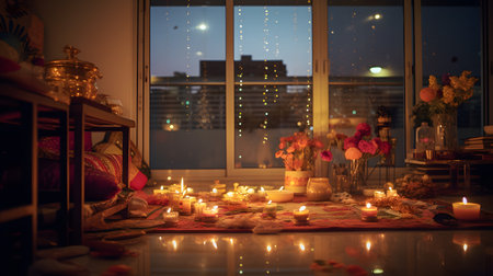 Candlelit Room with Flowers and City Viewの素材