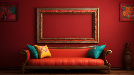 Red Living Room with Ornate Gold Frame and Colorful Pillowsの素材