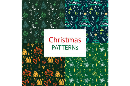 Green and Blue Trees, Snowflakes, and Gingerbread Houses Patternsのイラスト素材