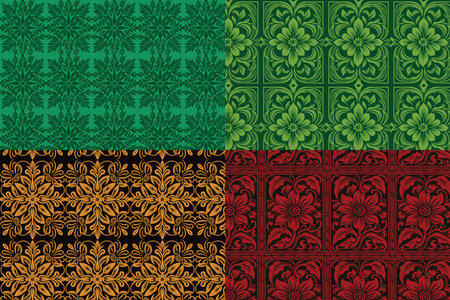 Four Square Floral and Leaf Patterned Backgrounds in Green, Red, and Goldのイラスト素材