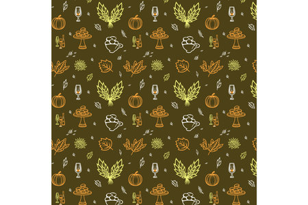 Hand-Drawn Autumnal Beer and Hop Pattern on Dark Green Backgroundのイラスト素材