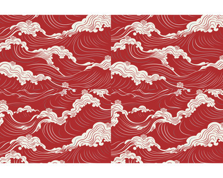 Diagonal Japanese Wave Pattern with White Foam on Red Backgroundのイラスト素材