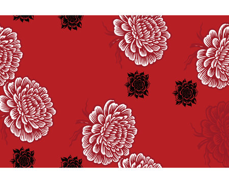 Vibrant Red Background with Diagonal White and Black Floral Patternのイラスト素材