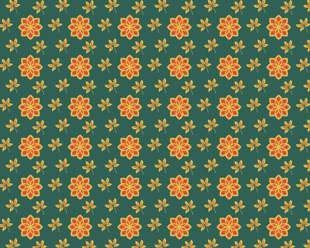 Geometric Orange and Yellow Flowers with Eight and Six Petals Respectively on a Green Backgroundのイラスト素材