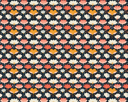 Stylized Red, Pink, and White Flowers on a Black Backgroundのイラスト素材